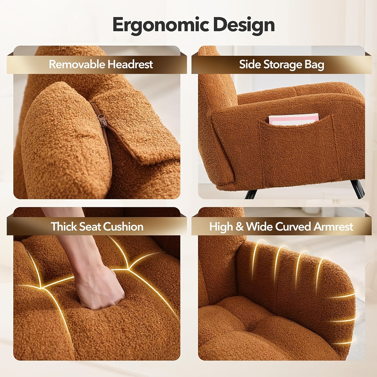 Schommelstoel Babykamer – Glider Stoel – Wiegstoel – Ruststoel – Rocker Chair – Met Zwaar Metalen Frame – Verstevigd Teddy Bruin Bekleed – 110° Schommelhoek – Hoge Rugleuning Met Armleuningen