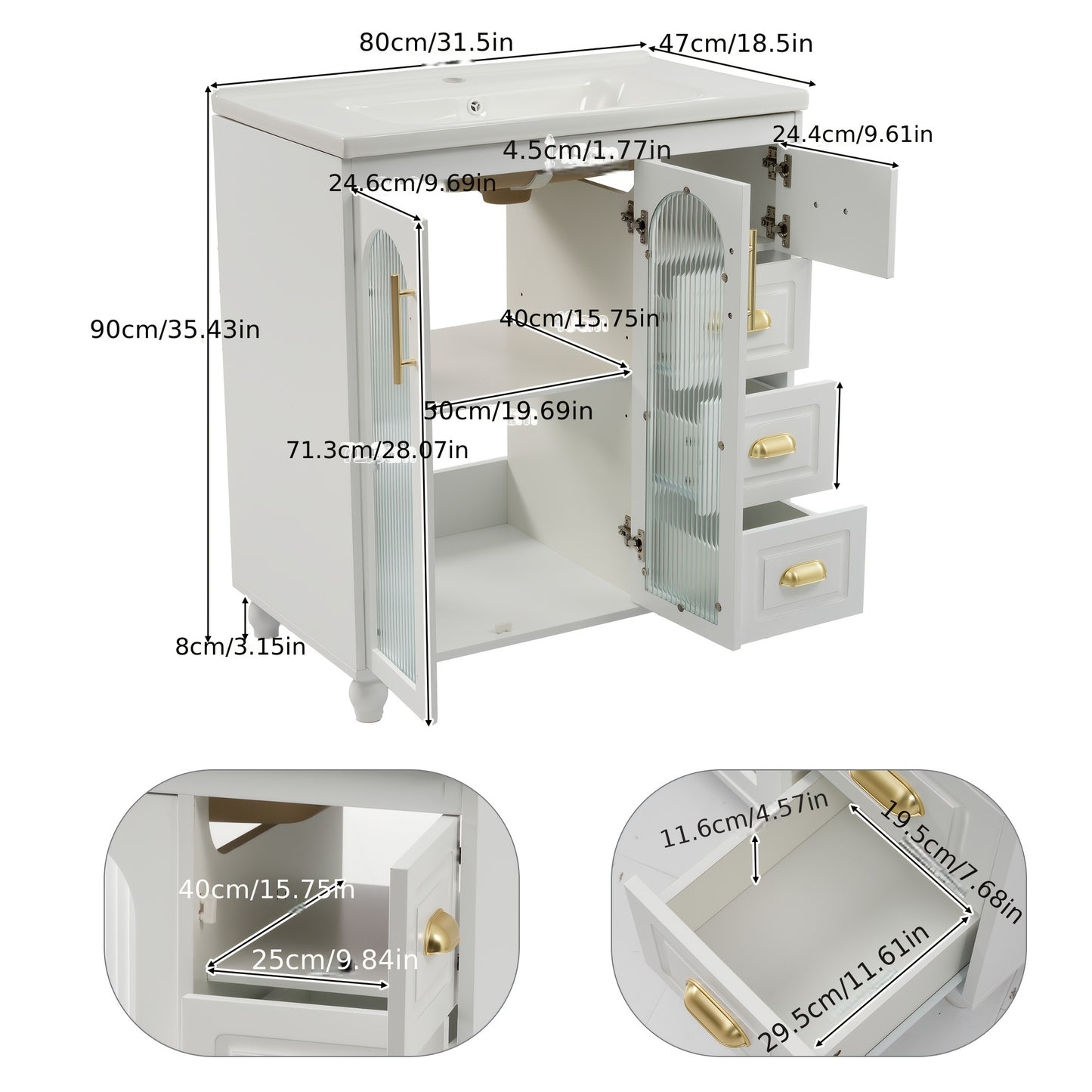 Badkamermeubelset – Badkamermeubel – Wastafelmeubel – Badmeubel – Wastafelonderkast – 80 cm breed – Inclusief keramische wastafel – Wit vochtbestendig materiaal