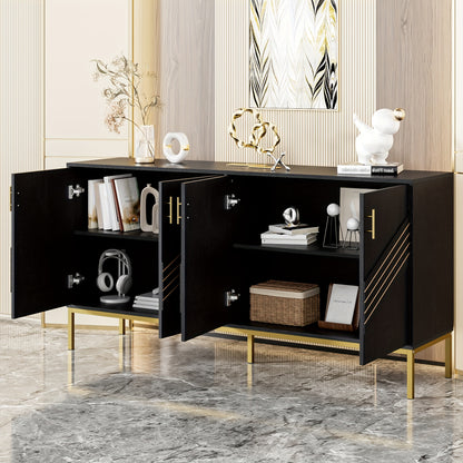 Dressoir – Sideboard – Buffetkast – Opbergkast – Kast – Modern Zwart & Goud – MDF Metalen Poten – 4 Deuren Met Verstelbare Legplanken