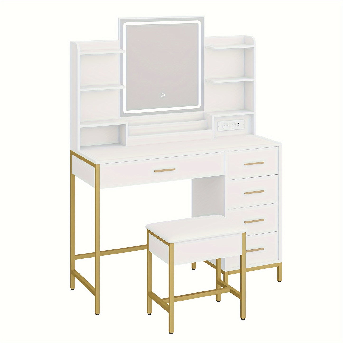 Kaptafel – Make-up Tafel – Cosmeticatafel – Dressing Table – Opbergtafel – Verstelbare LED Verlichting – 5 Lades Met USB & Stopcontact – Wit Goud Met Gewatteerde Kruk