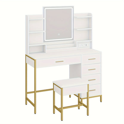Kaptafel – Make-up Tafel – Cosmeticatafel – Dressing Table – Opbergtafel – Verstelbare LED Verlichting – 5 Lades Met USB & Stopcontact – Wit Goud Met Gewatteerde Kruk