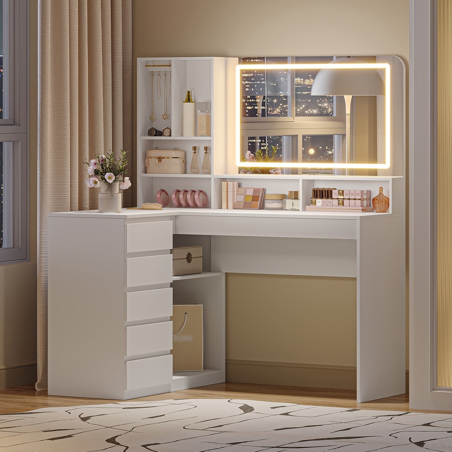 Kaptafel – Make-up Tafel – Vanity Table – Dresser Met Spiegel – Opbergtafel – L-vormige Hoekkaptafel – LED-verlichting – 5 Lades & 7 Open Vakken – Grote Spiegel – Wit