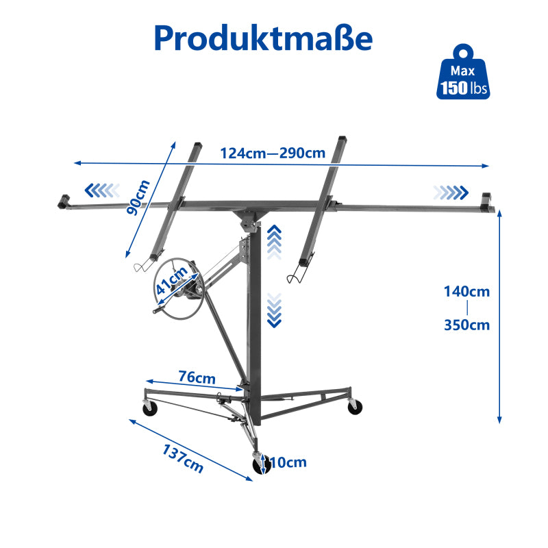 Gipsplaatlift – Gyproc Lifter – Plaatlift – Platenheffer – Montagehulp – Verstelbaar 140-350 cm – 3 Remwielen & 60° Kantelbaar – Stalen Frame Grijs