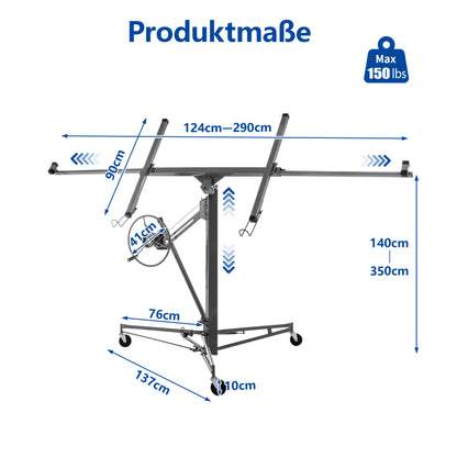 Gipsplaatlift – Gyproc Lifter – Plaatlift – Platenheffer – Montagehulp – Verstelbaar 140-350 cm – 3 Remwielen & 60° Kantelbaar – Stalen Frame Grijs