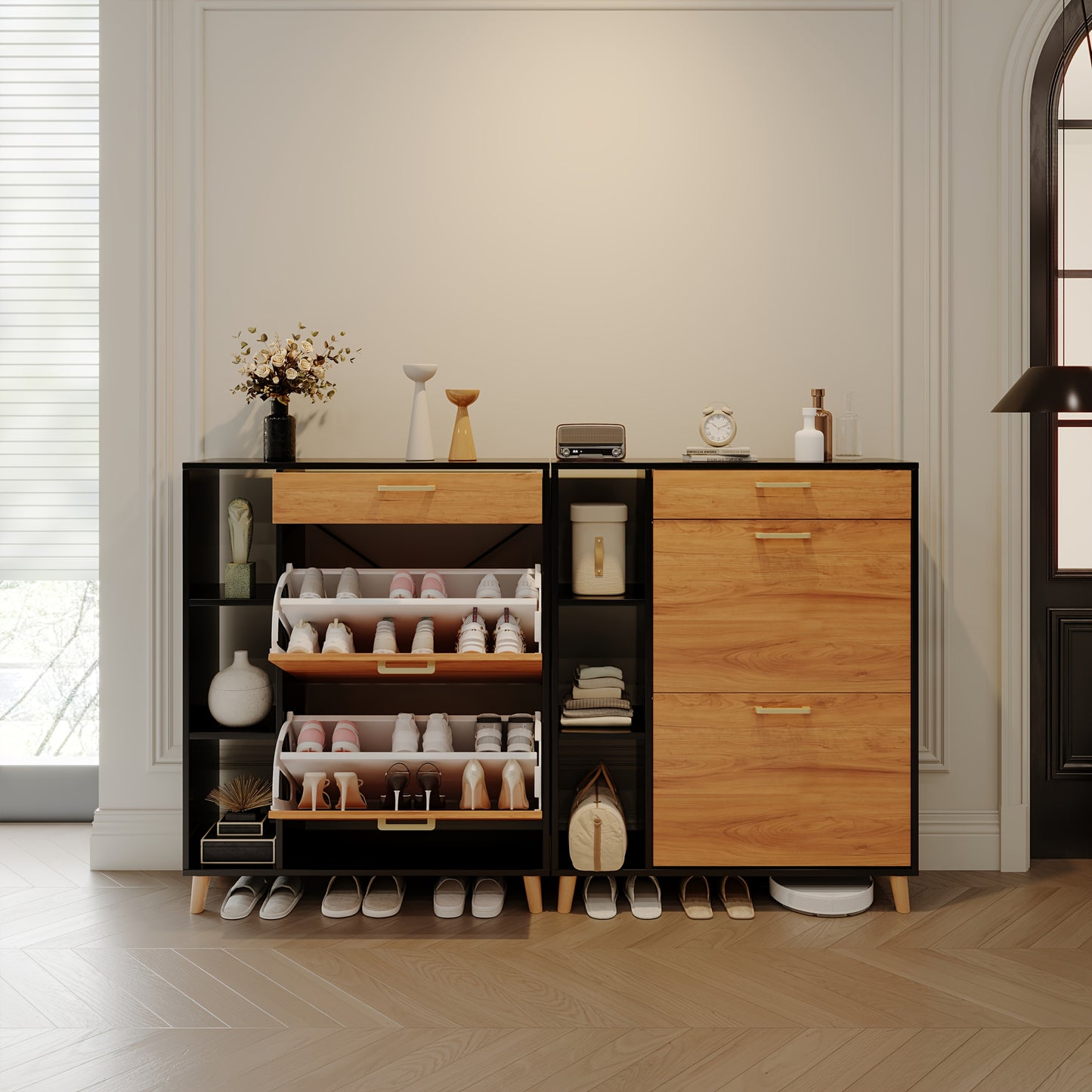 Bijzettafels – Koffietafel – Salontafel – Tafeltje – Woonkamertafel – Zwart – Set Van 2 Ronde Tafels – Marmerfineer Blad – Goudkleurig Metalen Frame