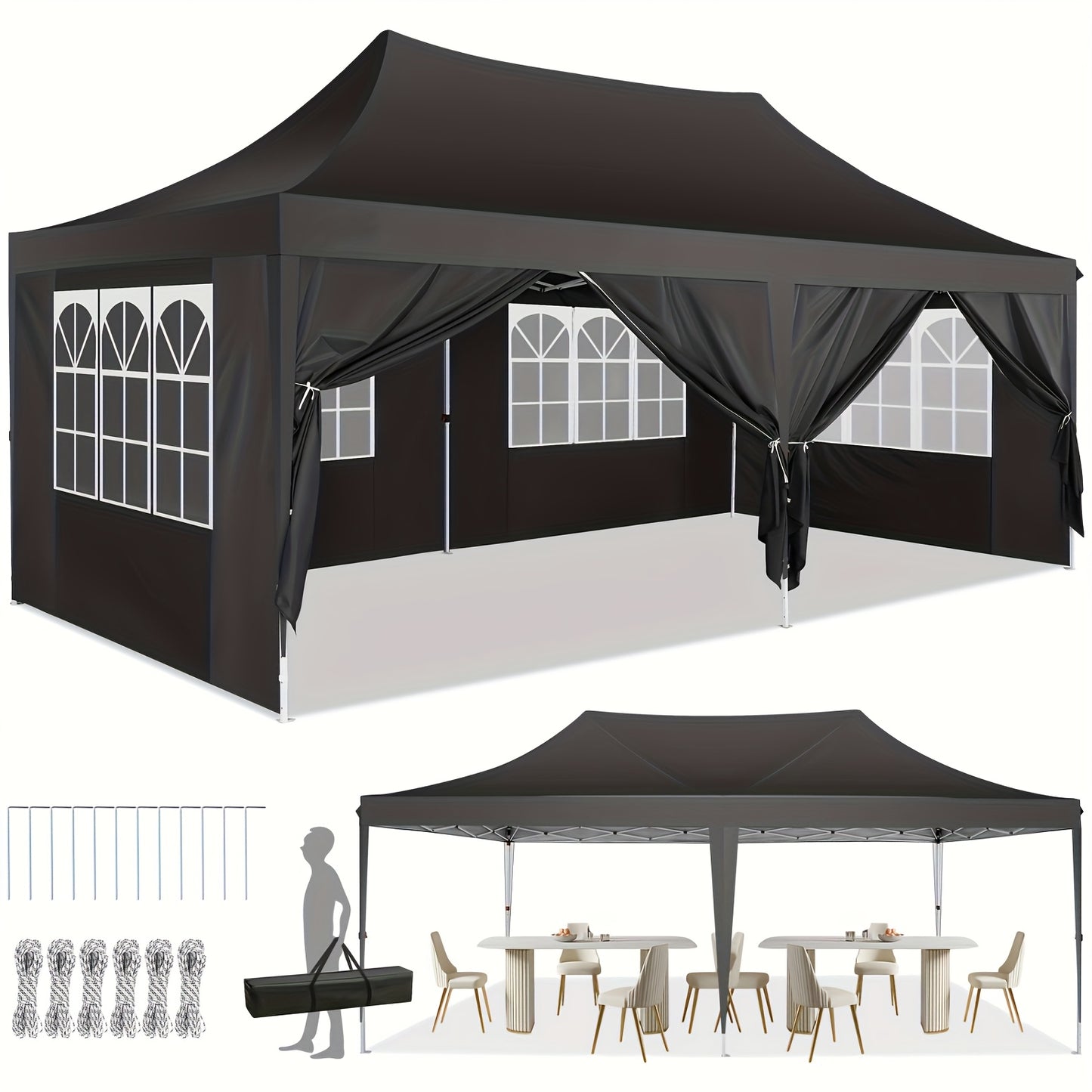 Pop-up Tent – Vouwtent – Partytent – Tuinpavilion – Gazebo – Zwart – 3,05x6,1 Meter – Hoogwaardig Oxford Doek – Verstelbare Hexagonale Metaalframe