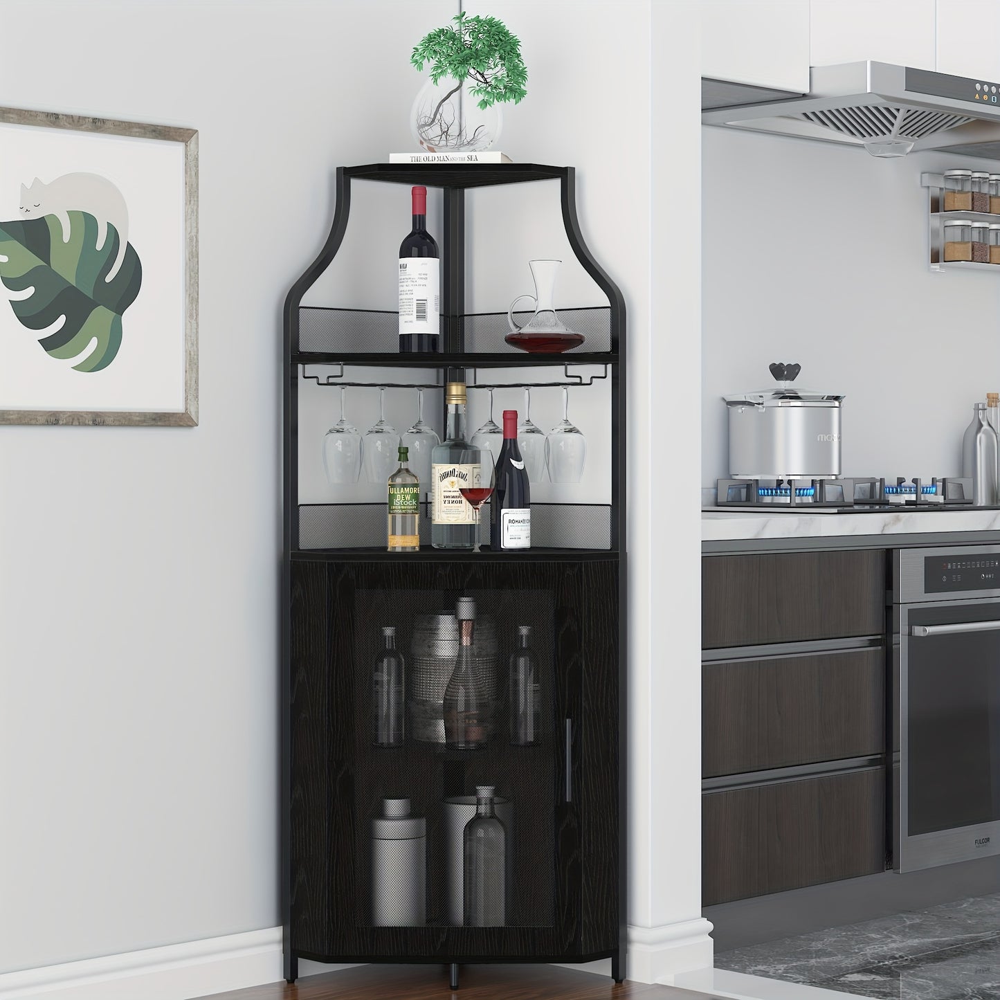 5-laagse Wijnkast Hoekkast – Drankkast Minibar Vakkenkast – Zwarte Hoekopberger – Ruimtebesparend L-Design – Verwijderbaar Wijnrek & Glazenhouder – Ventilerende Mesh Deur