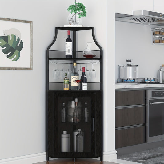 5-laagse Wijnkast Hoekkast – Drankkast Minibar Vakkenkast – Zwarte Hoekopberger – Ruimtebesparend L-Design – Verwijderbaar Wijnrek & Glazenhouder – Ventilerende Mesh Deur