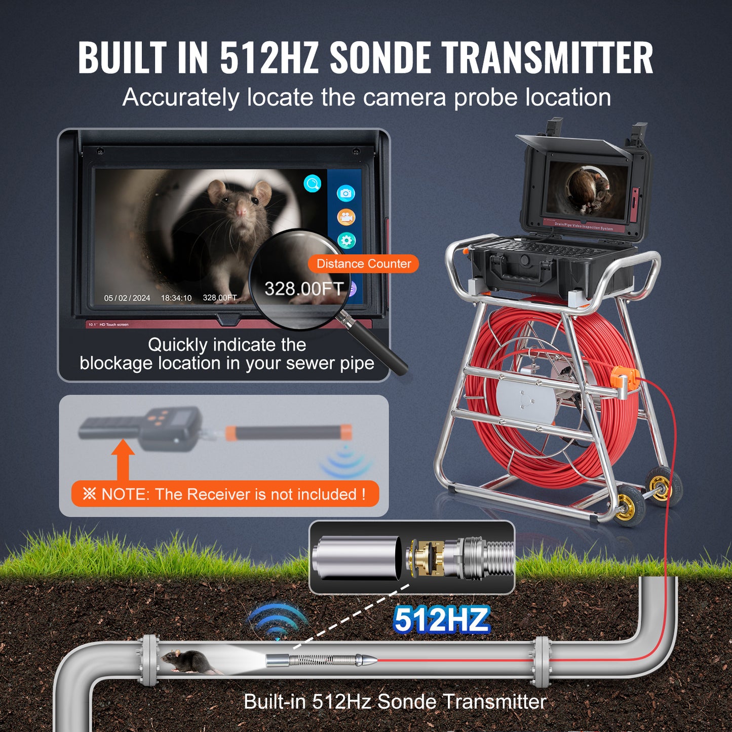 Rioolcamera – Inspectiecamera – Endoscoop – Buisinspectiecamera – Zelfnivellerend – 100M Kabel – 10,1 Inch Touchscreen