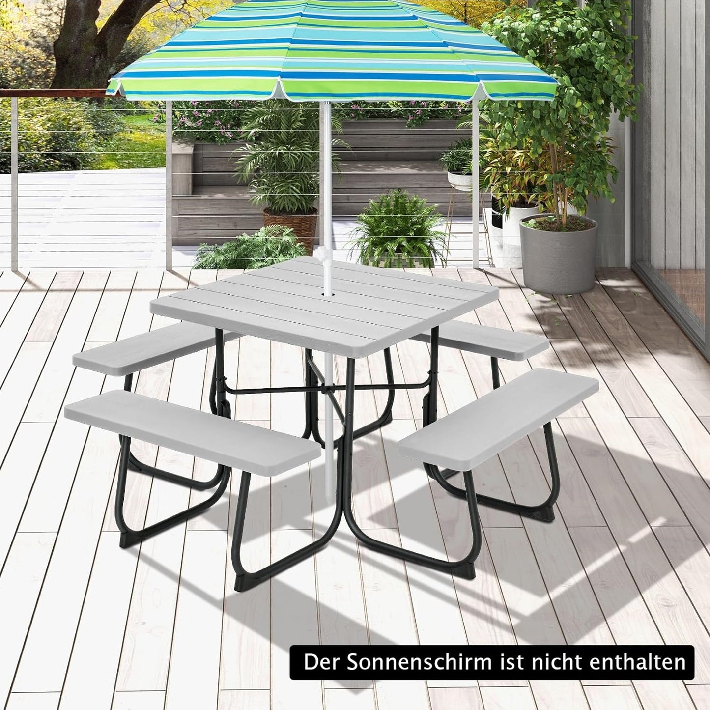 Tuinset – Picknicktafel – Zitgroep – Buitenmeubelen – Tuinmeubelen – 8 Personen – Weerbestendig HDPE – Parasolopening