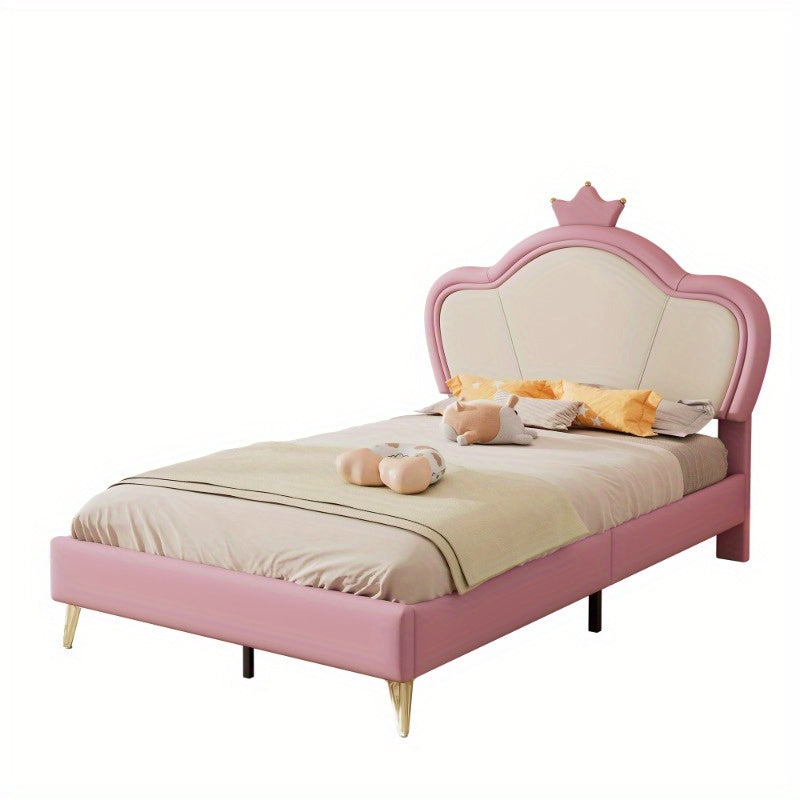 Upholstered Bed – Bedframe – Slaapbank – Bed Met Hoofdbord – Eenpersoonsbed – Roze Wit PU Bekleed – Veiligheidspadding – Metaal Metalen Poten – Elegant Contour Design – 90x200 cm