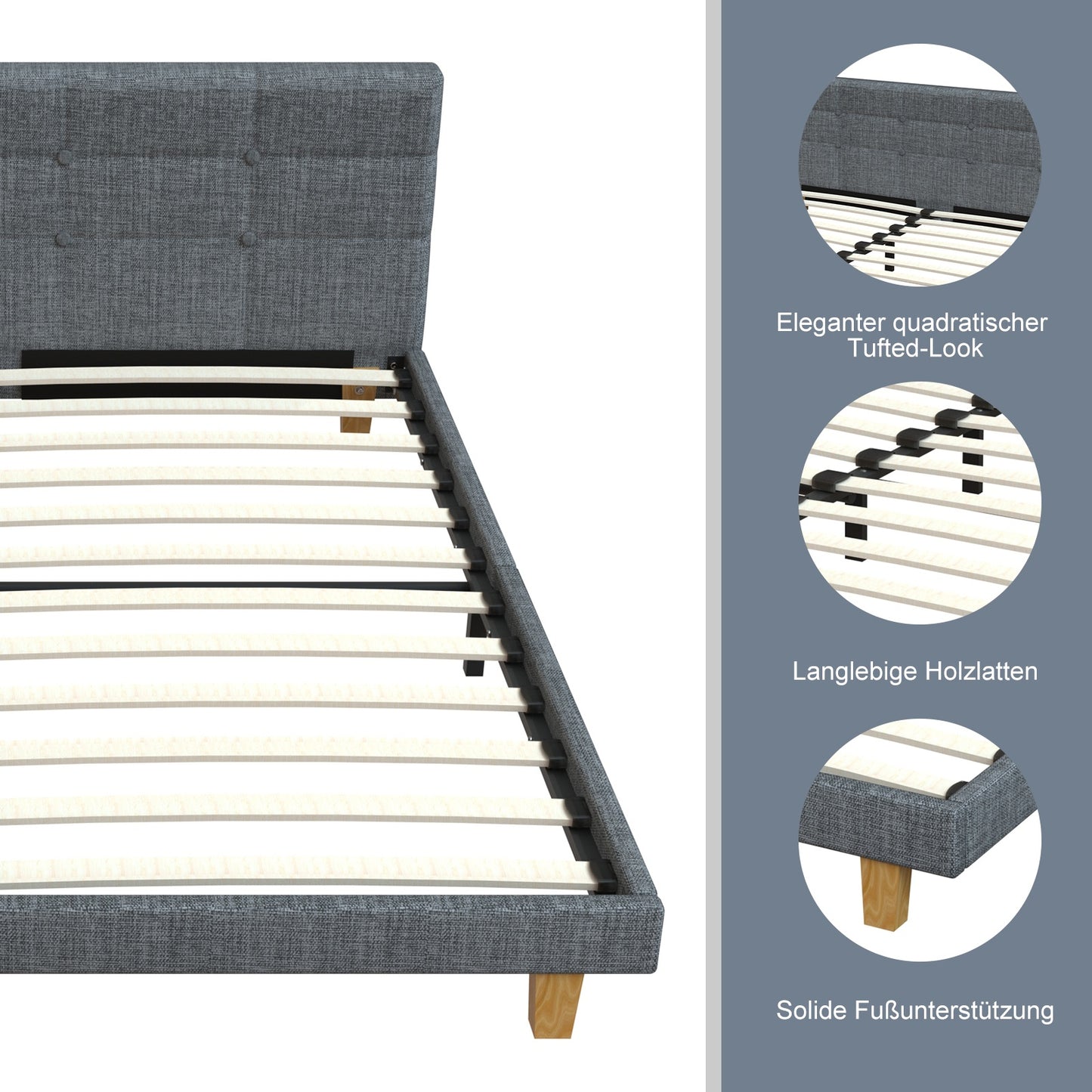 Tweepersoonsbed – Bedframe – Gestoffeerd Bed – Slaapkamerbed – Linnen Bed – 140x200 cm – Met Vierkant Doorgestikt Hoofdeind – Stevige Lattenbodem Zonder Boxspring