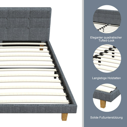 Tweepersoonsbed – Bedframe – Gestoffeerd Bed – Slaapkamerbed – Linnen Bed – 140x200 cm – Met Vierkant Doorgestikt Hoofdeind – Stevige Lattenbodem Zonder Boxspring