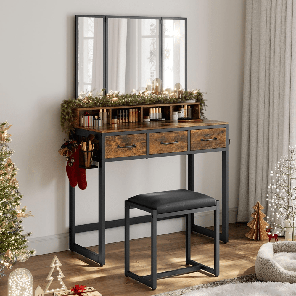 Make-up tafel – Kaptafel – Schminktafel – Make-up bureau – Vanity table – Drieluikspiegel – 3 Lades – Met Föhnhouder en Kruk - Vintage Bruin en Zwart