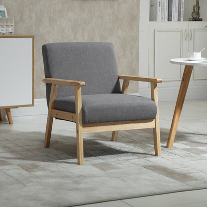 Stoel – Accentstoel – Fauteuil – Zithoekstoel – Lounge Stoel – Scandinavisch Design – Massief Houten Frame – Linnenlook Grijs – 64x70x72 cm