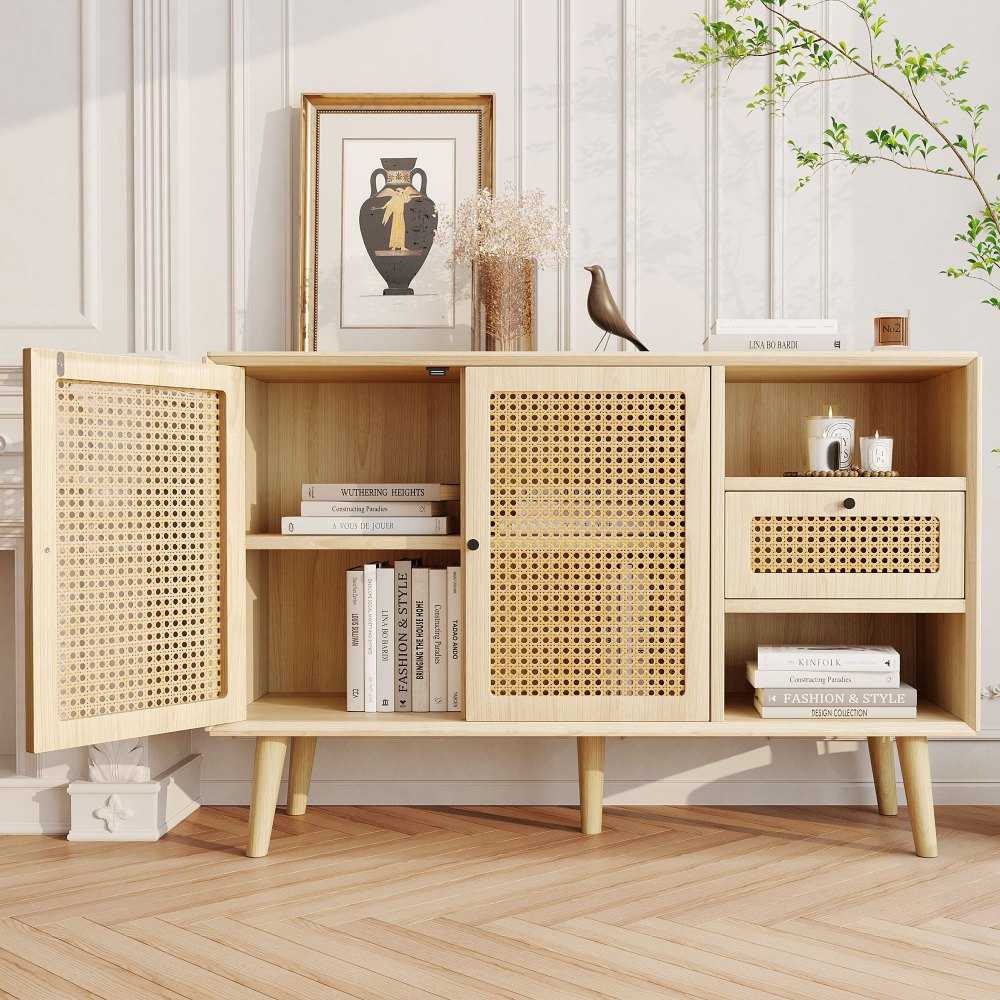 Dressoir – Ladekast – Opbergkast – Buffetkast – Kast – MDF Constructie – Massief Houten Poten – 1 Lade – 2 Deuren Met Rattan Vlechtwerk – Verstelbare Planken – Eikenlook 120x40x80 cm