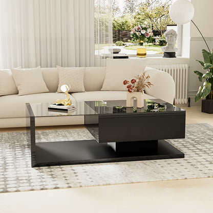 Salontafel – Koffietafel – Bijzettafel – Woonkamertafel – Opbergtafel – Hoogglans Zwart Glas – Gehard Glas Met Lade