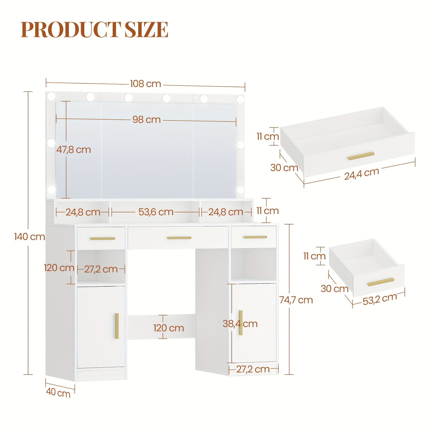 Kaptafel – Make-uptafel – Toiletmeubel – Schminktafel – Slaapkamermeubel – Wit – Groot Spiegeloppervlak – Veel Opbergruimte met 3 Lades en 2 Kasten