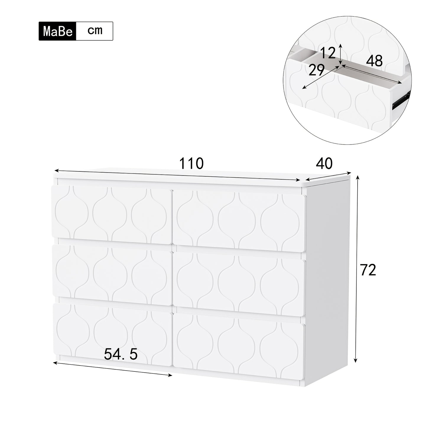 Ladekast – Kommode – Dressoir – Opbergkast – Kast – 6 Ruime Lades – Aardbevingsbestendig Ontwerp – Witte Lakafwerking – 68,58 cm Hoog – Moderne Golfpatroon