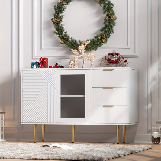 Ladeblok – Ladekast – Opbergkast – Ladekastje – Ladenkast – Wit met Gouden Metalen Poten – 120x38x79,5 cm – 3 Lades met Geometrisch Patroon – 2 Glazen Deuren – Compact – Eenvoudig Te Monteren