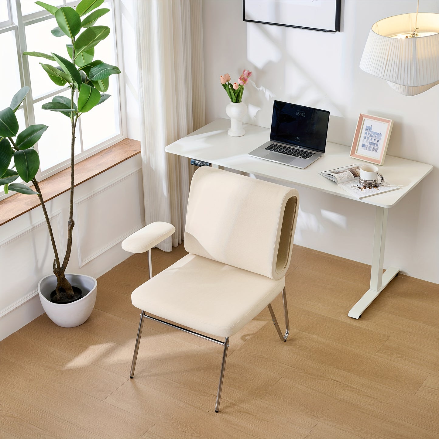 Fauteuil – Lounge Stoel – Eetkamerstoel – Bureau Stoel – Zetel – Multifunctioneel – Verwisselbare Arm- en Rugleuningen – Stevig Metalen Frame – Ruimtebesparend – Beige