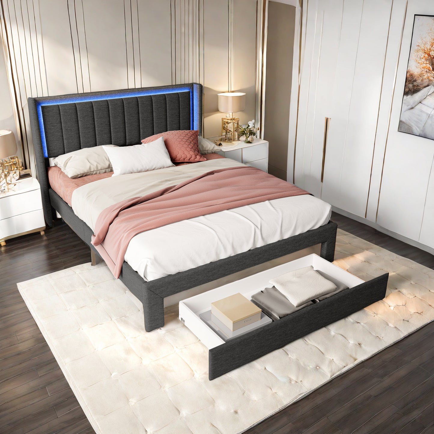 Tweepersoonsbed – Bedframe – Slaapbed – Opbergbed – Led Bed – 140 x 200 cm – Grijs Linen – Met USB-poort en Opberglade