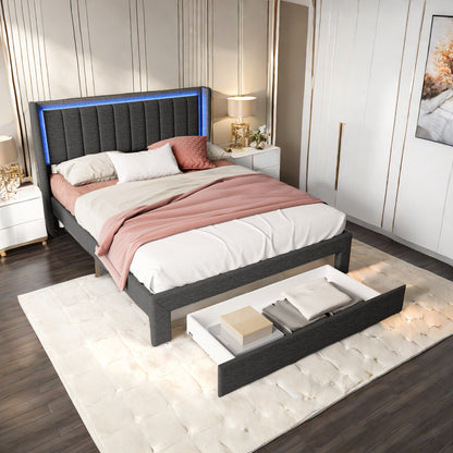 Tweepersoonsbed – Bedframe – Slaapbed – Opbergbed – Led Bed – 140 x 200 cm – Grijs Linen – Met USB-poort en Opberglade