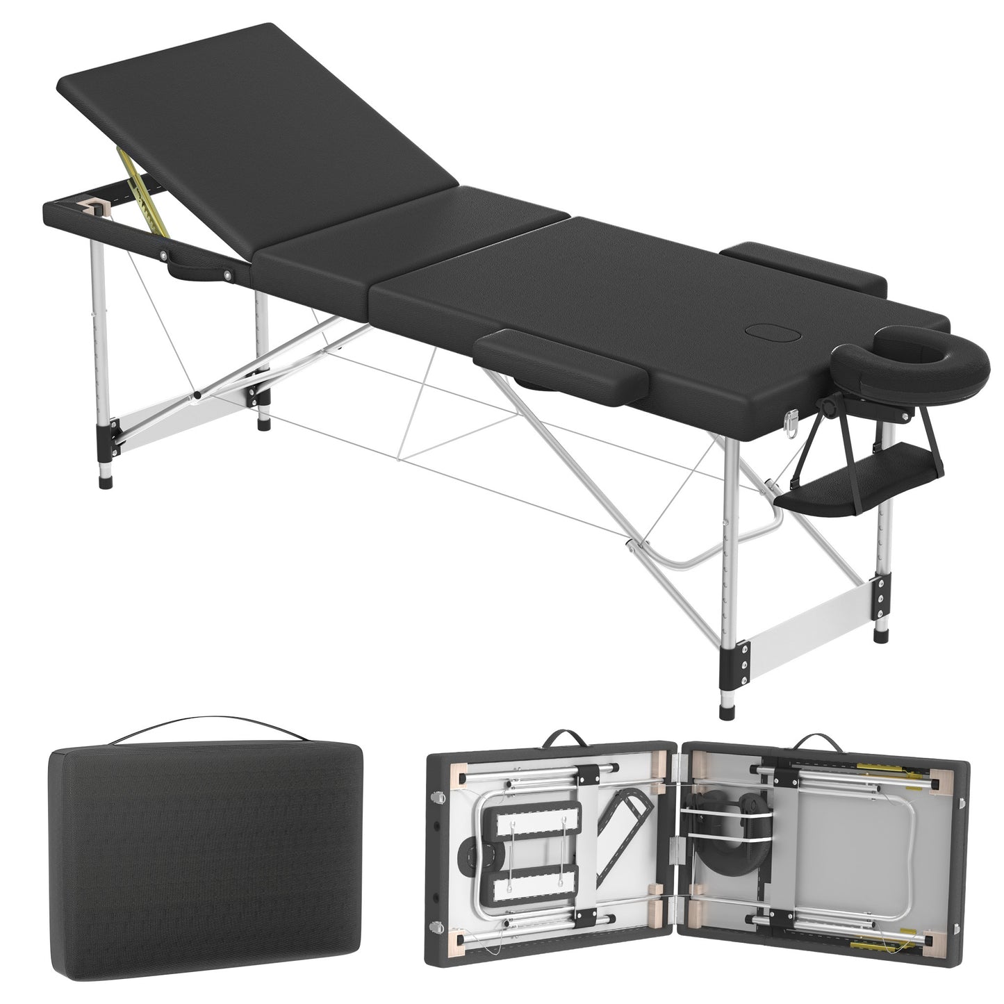 Massagetafel – Behandelbank – Massagebed – Therapietafel – Massagestoel – Verstelbaar 62-83 cm – Aluminium Frame – Max Draagkracht 230 kg – Zwart