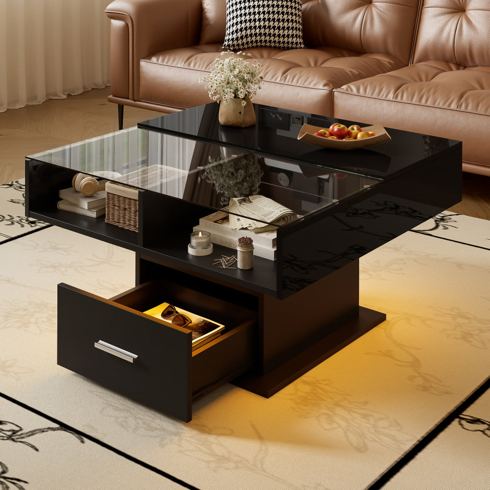 Verstelbare Salontafel – Multifunctionele Tafel – Lift-Top Tafel – Opberg Salontafel – Compacte Salontafel – Zwart Hoogglans – Duurzaam Spaanplaat – Ruimtebesparend Design