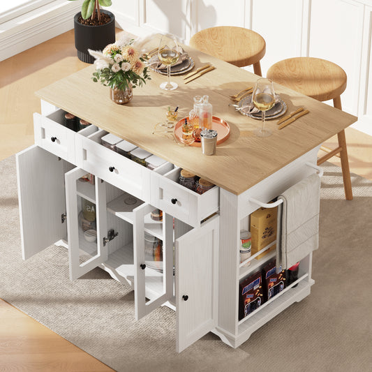 Multifunctionele Keukenwagen – Keukentrolley – Keukenmeubel – Keukenkar – Keukenkast – Uitklapbaar Werkblad – 2 Lades & Verstelbare Legplanken – Wit Houtlook MDF