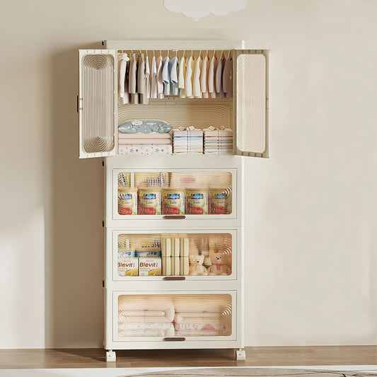 4 Tier Portable Wardrobe Closet with Doors Wheels Hanging Rod & 10 Hangers Plastic Clothing Storage Cabinet with Lid, Clothes Organizer for Bedroom, 190x70x41.5cm