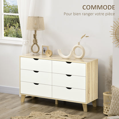 Kommode – Ladekast – Dressoir – Opbergkast – Sideboard – Scandinavisch Design – 6 Lades – Hout & Wit – 120x40x76 cm – Stevige Houten Poten