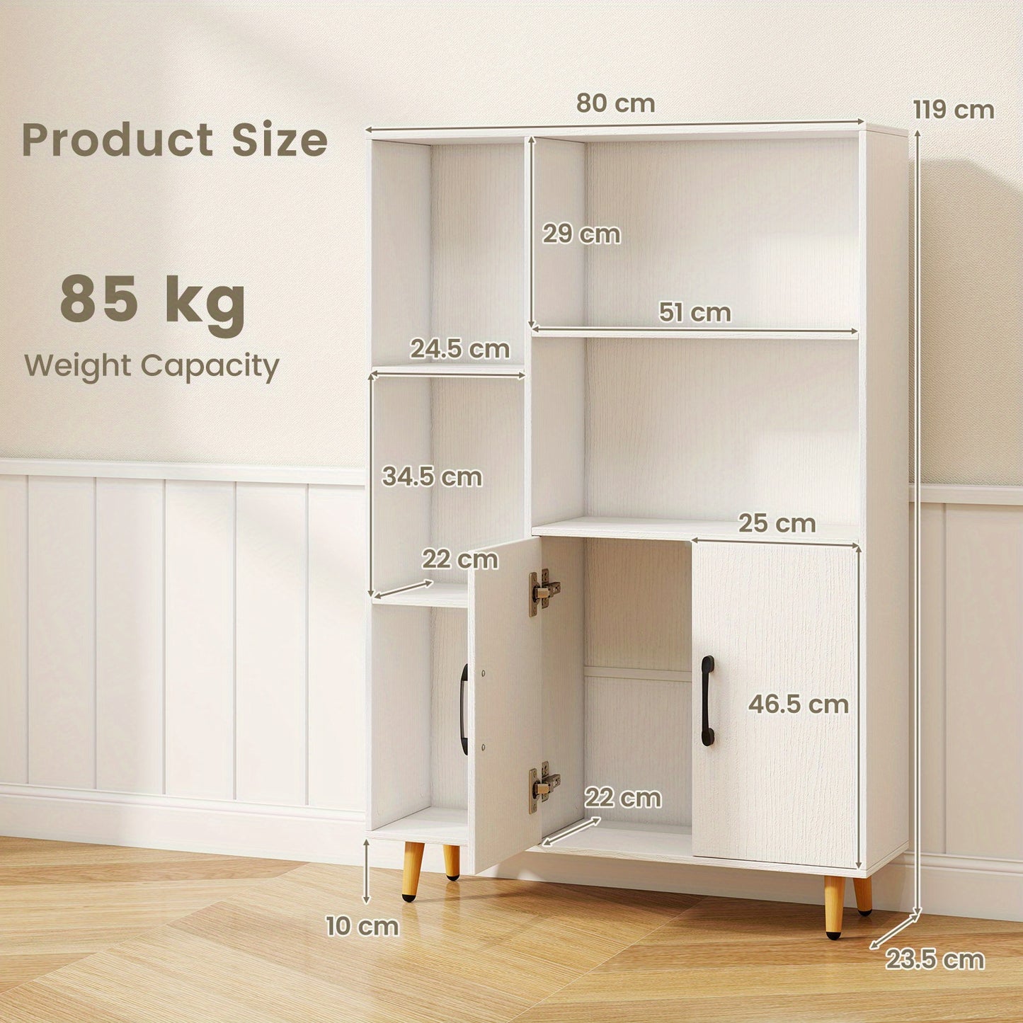 Vrijstaande Opbergkast – Kledingkast – Boekenkast – Schoenenkast – Opbergmeubel – Wit MDF Hout – 80x23,5x119 cm – Open Planken Met Deurtjes