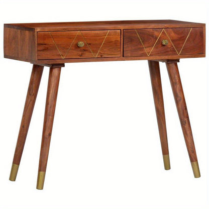 Elegant Solid Acacia Wood Wall Table with Geometric Brass Handles - 3-Drawer Design, 90x35x76cm, Ideal for Bedroom, Living Room, Office - Natural Floor Standing Storage Unit, Cute Room Decor, Standing Shelf