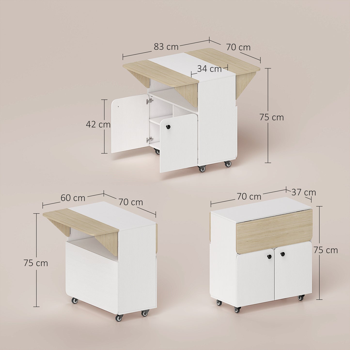Opvouwbare Tafel – Klaptafel – Vouwtafel – Campingtafel – Uitschuifbare Tafel – Met Opbergruimte – 4 Wieltjes – Wit + Natuurlijk Hout – 70 x 83 x 75 cm
