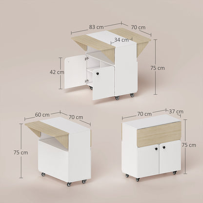 Opvouwbare Tafel – Klaptafel – Vouwtafel – Campingtafel – Uitschuifbare Tafel – Met Opbergruimte – 4 Wieltjes – Wit + Natuurlijk Hout – 70 x 83 x 75 cm