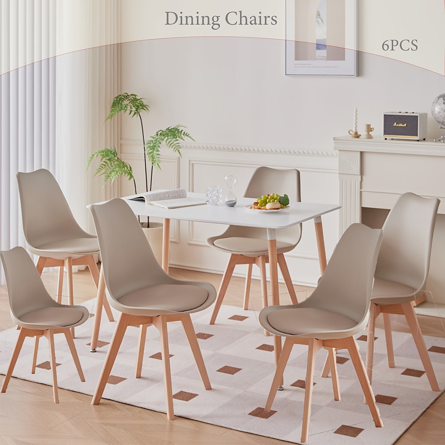 Eetkamerstoelen – Keukenstoelen – Stoelen Set – Design Stoelen – Tulpen Stoelen – Set van 6 – Beukenhouten Poten – Ergonomische Rugleuning – Khaki