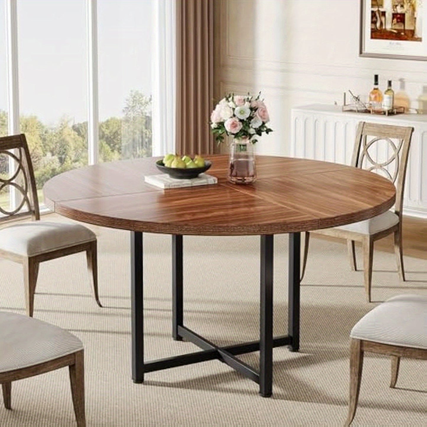 Ronde Eettafel – Keukentafel – Dinertafel – Eettafel Klein – Ronde Tafel – 120 cm Diameter – Houten Blad Met Stalen Kruispoten – Modern Minimalistisch Design