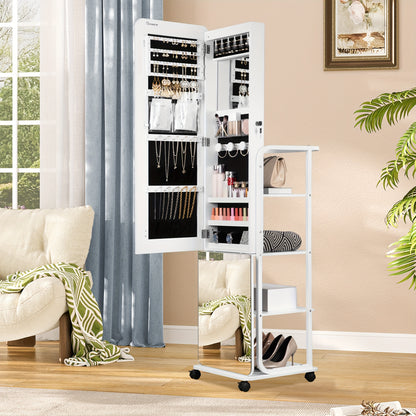 Sieradencollectiekast – Sieradenkast – Spiegelkast – Juwelenkast – Hangkast – Extra brede spiegel – Veilig slot – 4-laags opbergruimte – Mobiel met 4 wielen – Wit MDF met fluwelen voering