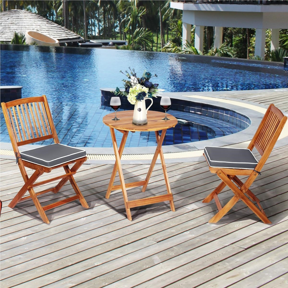 Balkontafelset – Balkontuinset – Bistroset – Tuinmeubelset – Terrasmeubel – Inklapbaar Acaciahouten Design – Inclusief Zachte Zitkussens