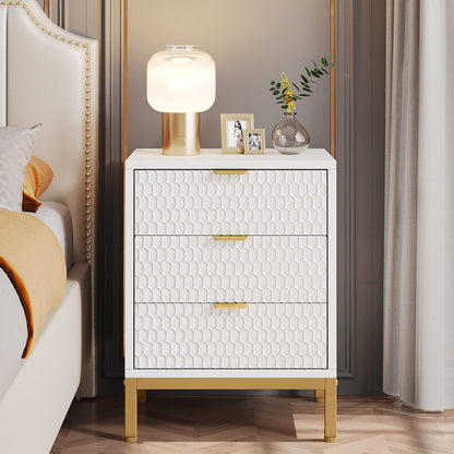 Nachtkastje – Bijzettafel – Bedside Table – Opbergkast – Nachtkast – Wit Gouden Afwerking – 3 Lades – E1 Spaanplaat Met Metaal