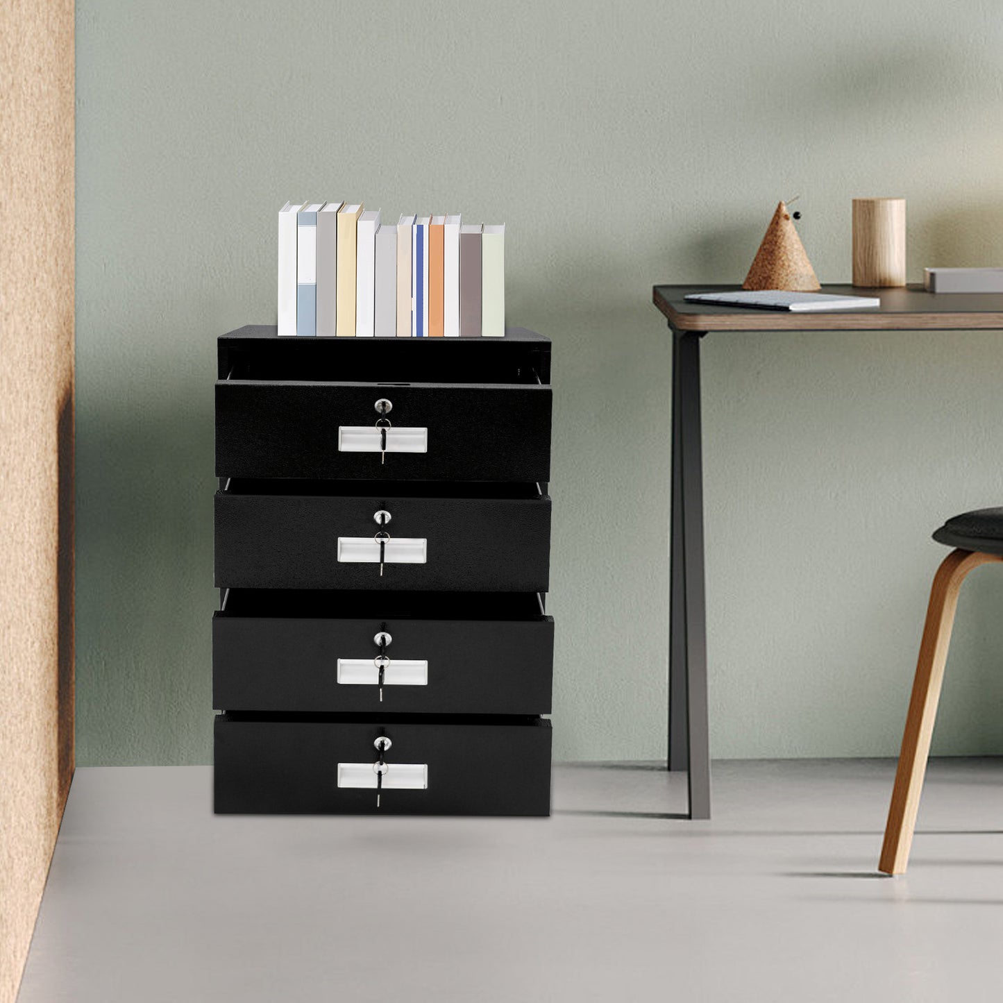 Metalen Opbergkast – Ladekast – Archiefkast – Documentenkast – Lockerkast – Stevig Koudgewalst Staal – 4 Lockable Laden met Sloten – Ruimtebesparend Verticaal Design – Zwart
