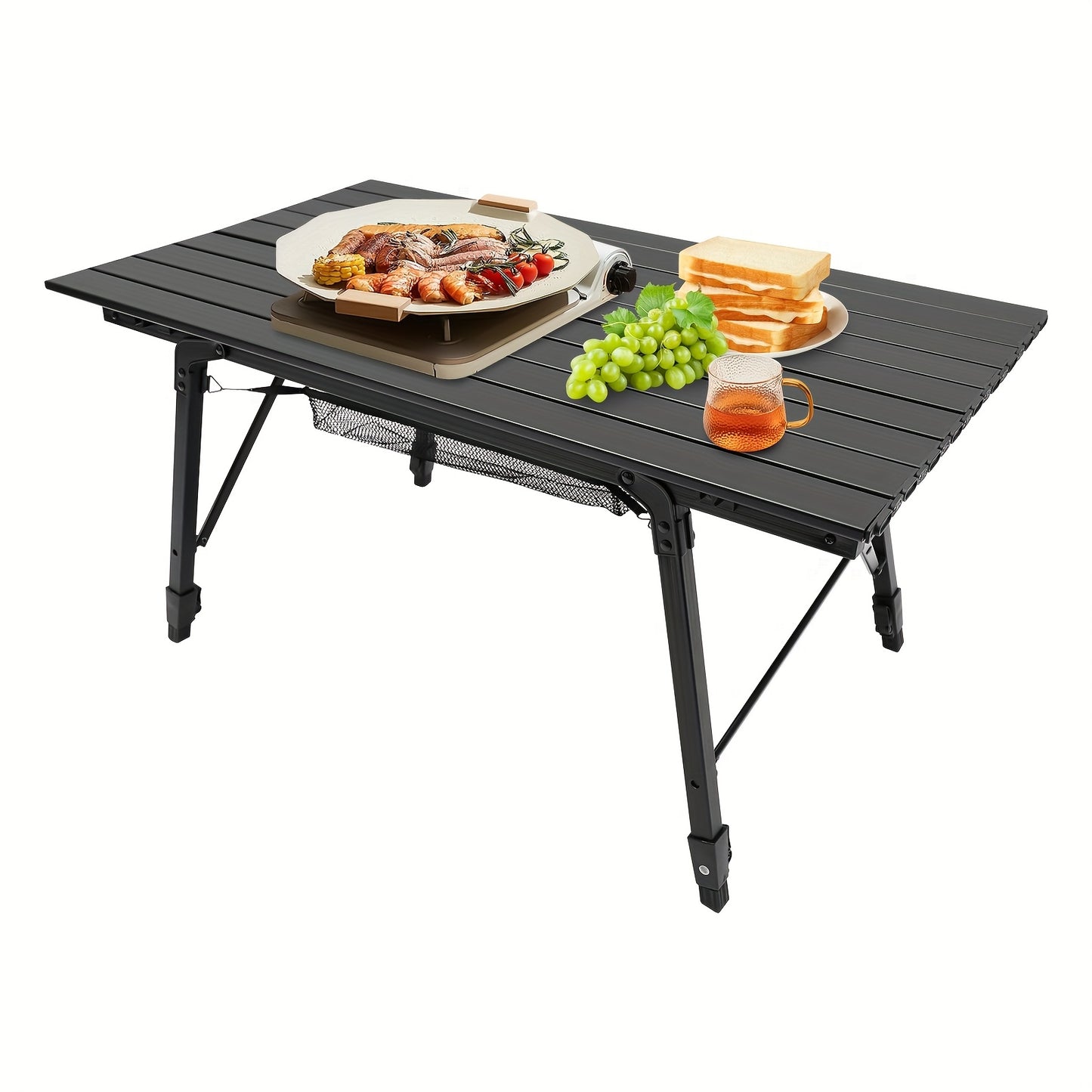 35.4*20*17.7 -25.6 Inch Folding Camping Table Aluminum Barbecue Table + Mesh Pocket For Camping, Fishing, Picnic, Barbecue, Party, Total Load Capacity 30.0 KG