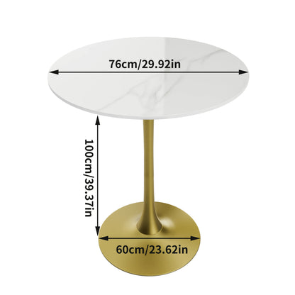 Ronde Bartafel – Hoge Tafel – Statafel – Bar Tafel – Café Tafel – Wit Gesinterd Steen – Gouden Metalen Onderstel – 76 cm Diameter – 100 cm Hoogte