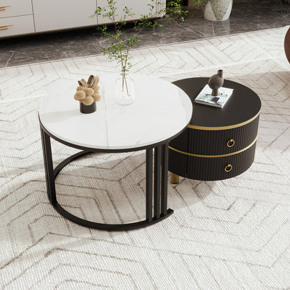 Modern Round Coffee Table Set with Glossy MDF Top & White Marble-like Surface - 2-in-1 Design with Storage Drawers, Space-Saving Living Room Furniture, Easy Assembly, Durable Metal Frame, Contemporary Style, Fits Small Spaces