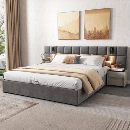 Uitschuifbed – Opbergbed – Bed Met Opbergruimte – Slaapbed – Velours Bed – 180x200cm – Hydraulische Opbergruimte – Verstelbare Lamp