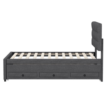 Bedombouw – Familiebed – Uitschuifbed – Opbergbed – Gestoffeerd Bed – 90x200 cm Slaapoppervlak – 3 Grote Lades – Verstelbaar Hoofdbord – Grijze Linnenstof