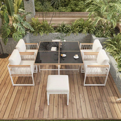 Tuinset – Diningset – Bistroset – Buitenmeubelset – Loungeset – 7-delig – 6 Personen – Tafel met Gehard Glas – Stoelen met PE Rattan en Acacia Hout