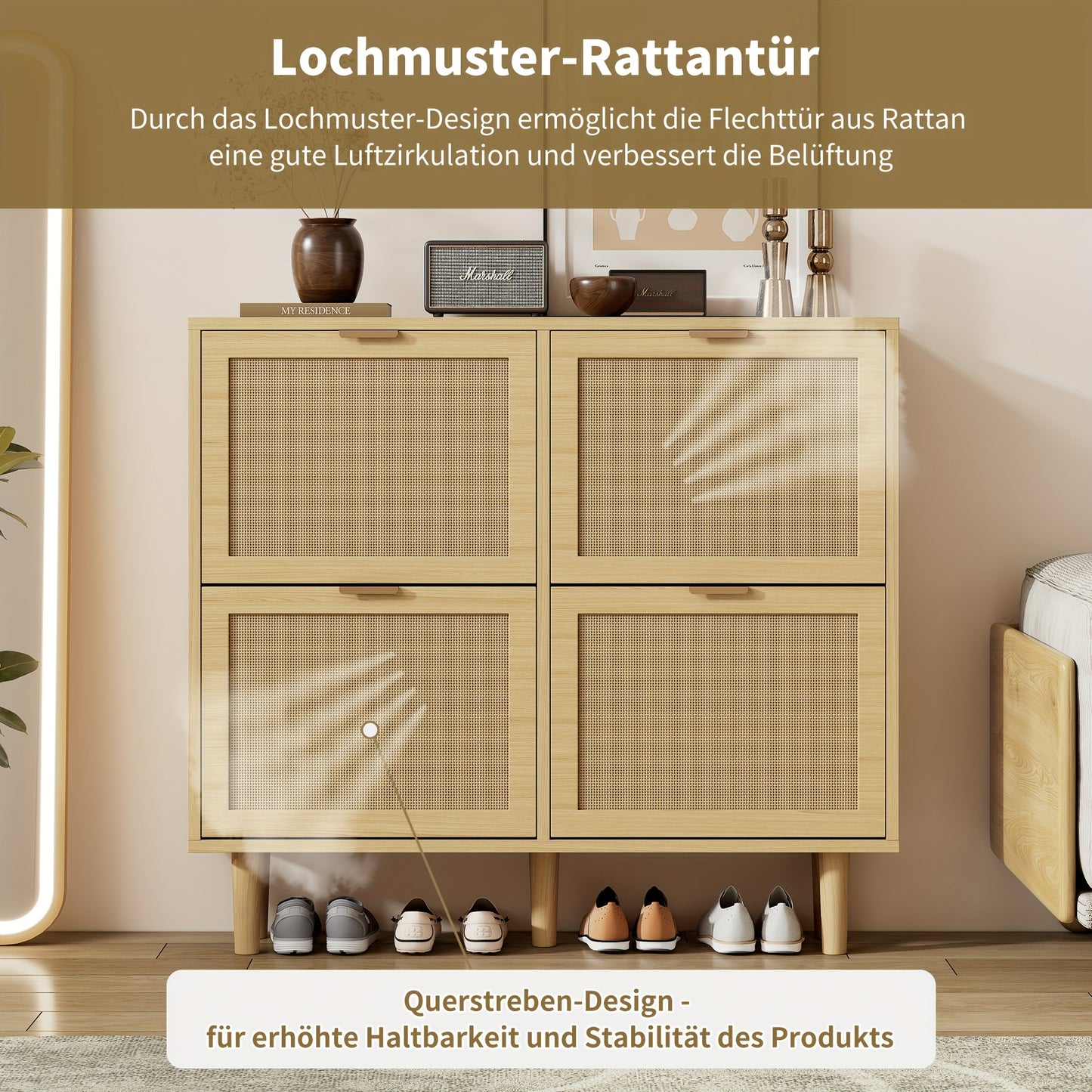 Schoenenkast – Schoenenrek – Schoenenopberger – Schoenenbank – Meubel – 4 Lades – Ruimtebesparend Ontwerp – Hardhouten Constructie – Beige Afwerking – Lichtgewicht & Stevig