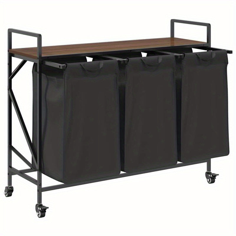 Wasmand – Wassorteerder – Wasbox – Opbergmand – Wasbak – 3 Vakken – Wieltjes – Stevig Bruin Eikenhout Frame – Duurzame Stof